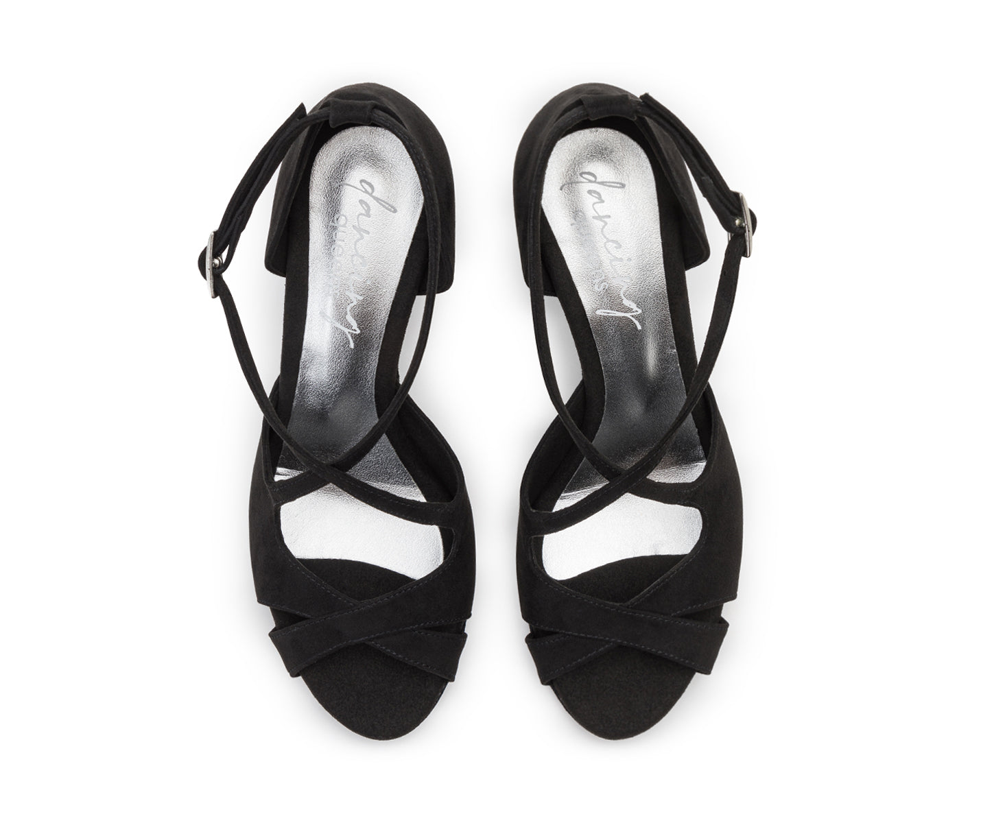 Dancing Queens Tanzschuhe 736/486 in Schwarz Wildleder haben von oben betrachtet überkreuzte Riemen und Knöchelschnallen.